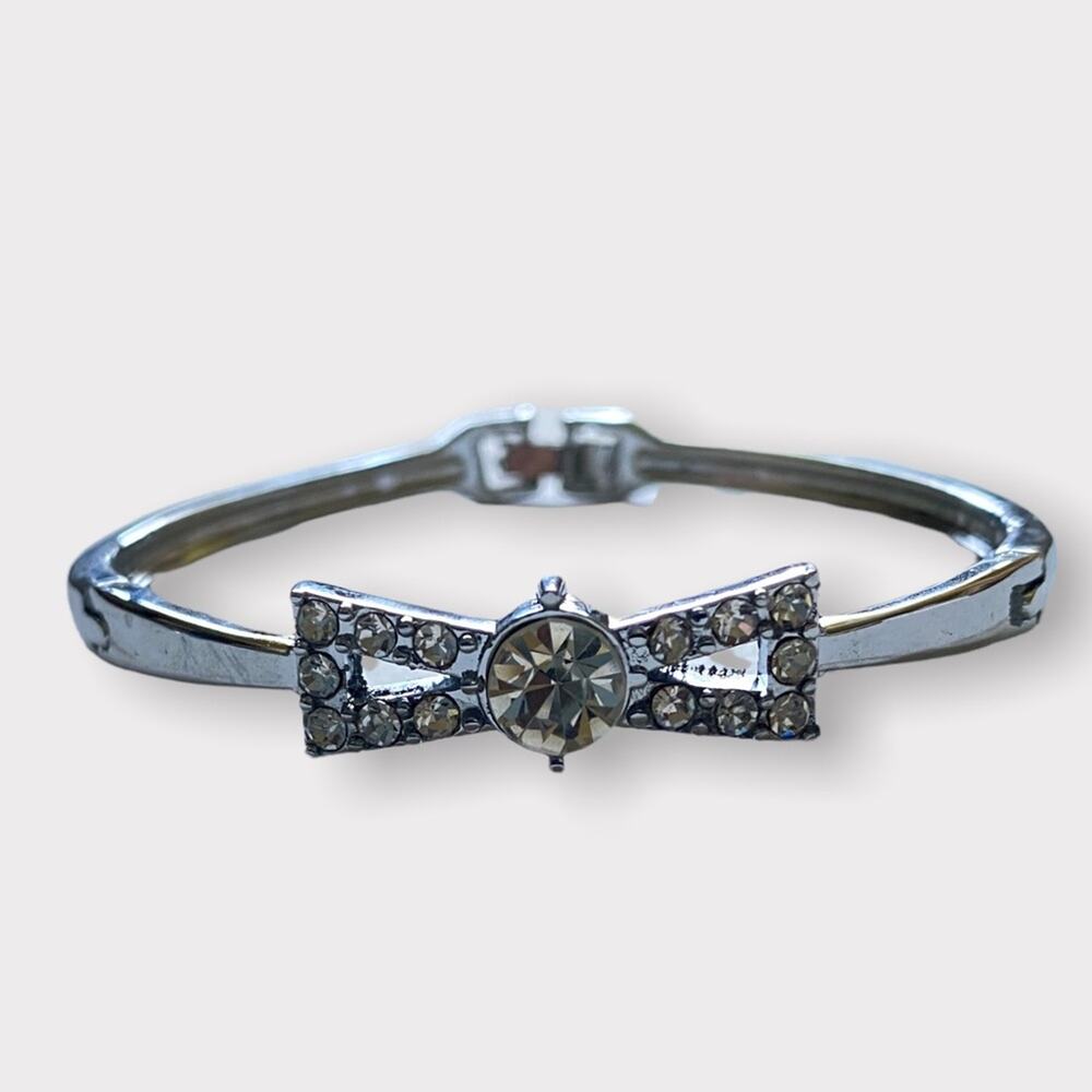 Silver Bow Tie Rhinestone Bangle Bracelet